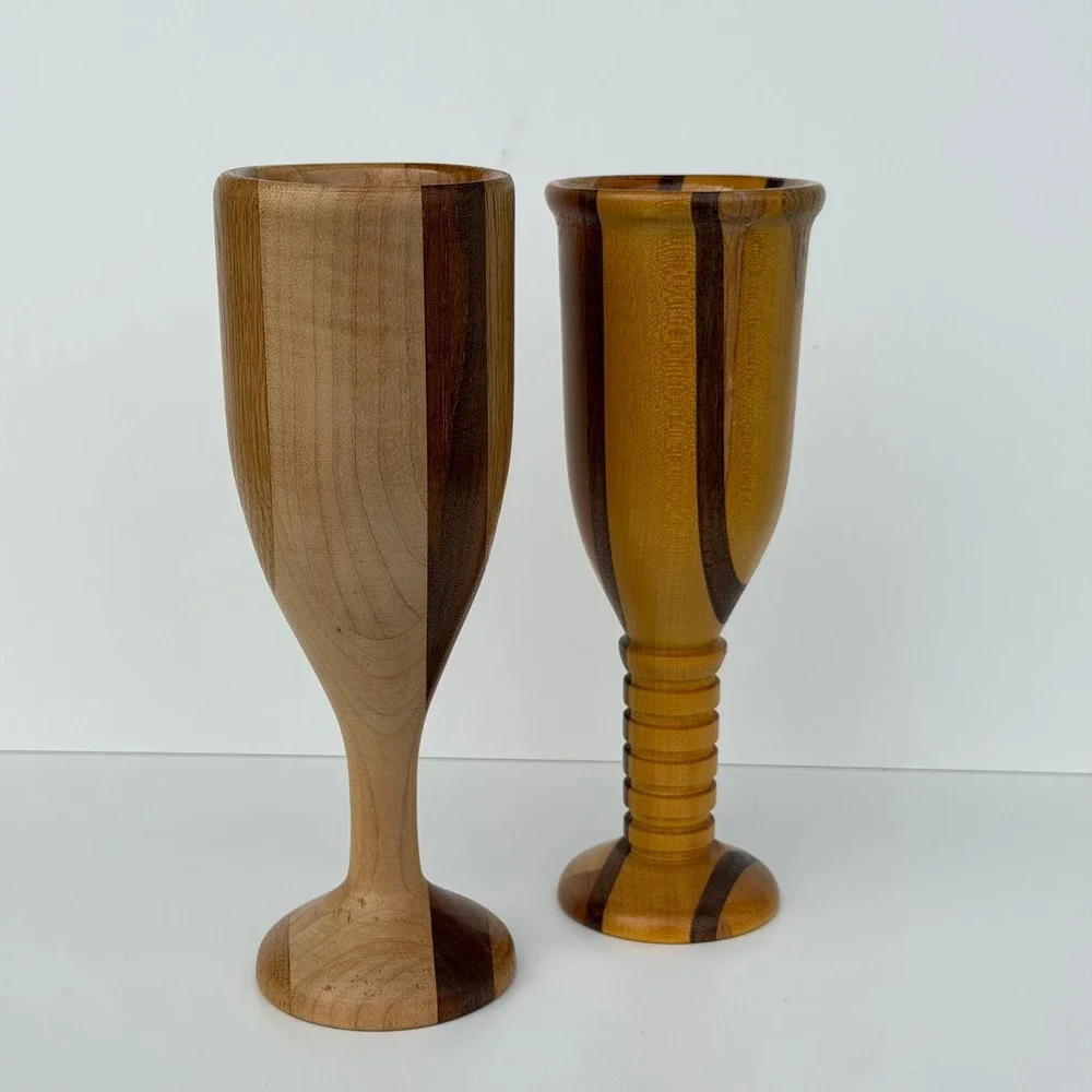 Vintage Wooden Goblet Set (2) Wine Drinking Glass Woodland Wedding Handcrafted